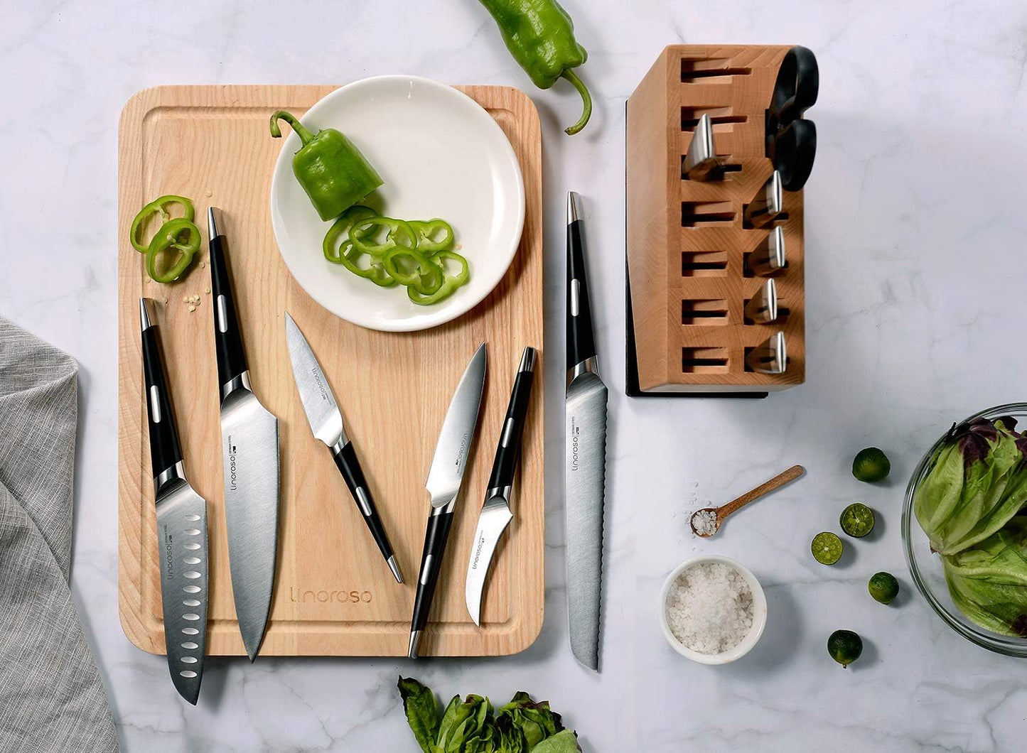 Linoroso Knife Set, 12-Piece Kitchen Knife Set with Block Sharp Chef Knife Set, German High Carbon Stainless Steel Knife Block Set with Beech Block with Black Oxide Stainless Steel Base