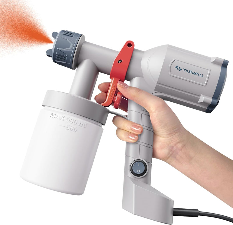 Tilswall HVLP Paint Sprayer, Ultra-Light Electric Spray Gun with 20 fl oz Detachable Cup, 2 Nozzles & 3 Patterns, Perfect for Furniture, Cabinets, Fence, Walls, Doors, Garden & DIY, White