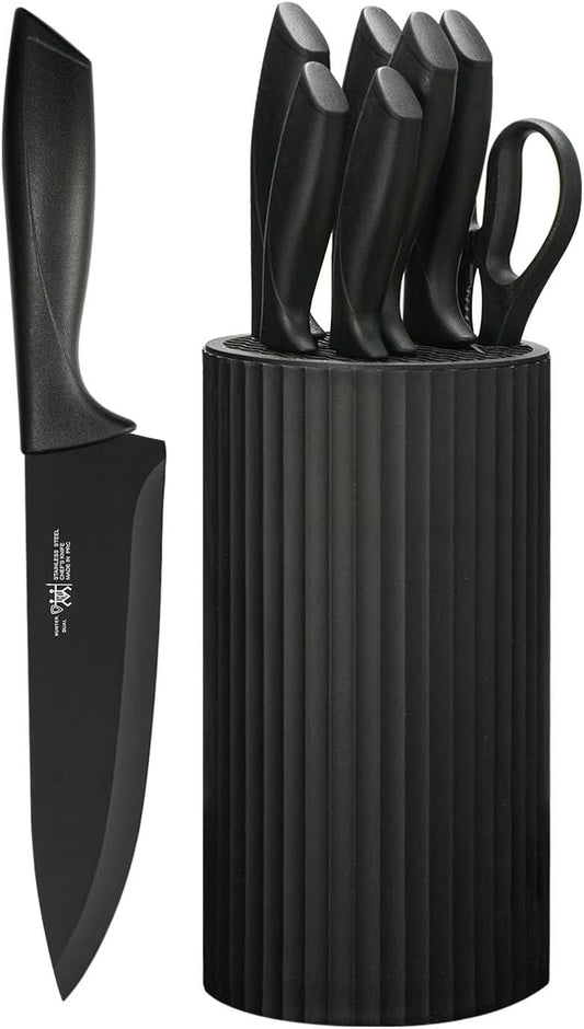 Hunter.Dual Knife Set, 8-Piece Kitchen Knife Set for Chef, Sharp Knife Set with Universal Knife Block, Anti-Rust Kitchen Knife Block Set, Ergonomical Design (Black)
