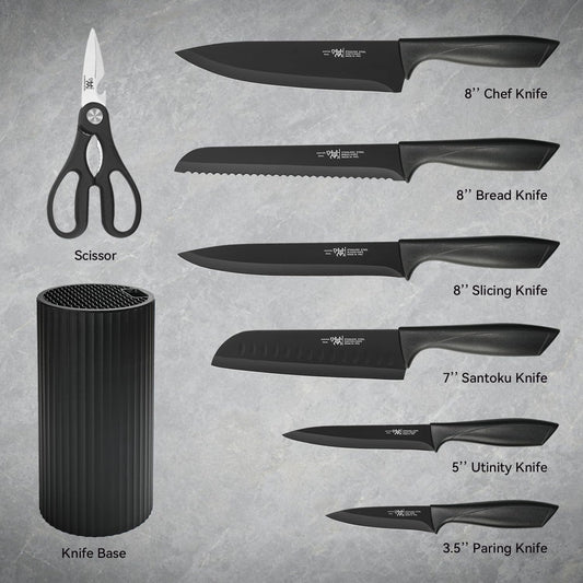 Hunter.Dual Knife Set, 8-Piece Kitchen Knife Set for Chef, Sharp Knife Set with Universal Knife Block, Anti-Rust Kitchen Knife Block Set, Ergonomical Design (Black) - PuriLite