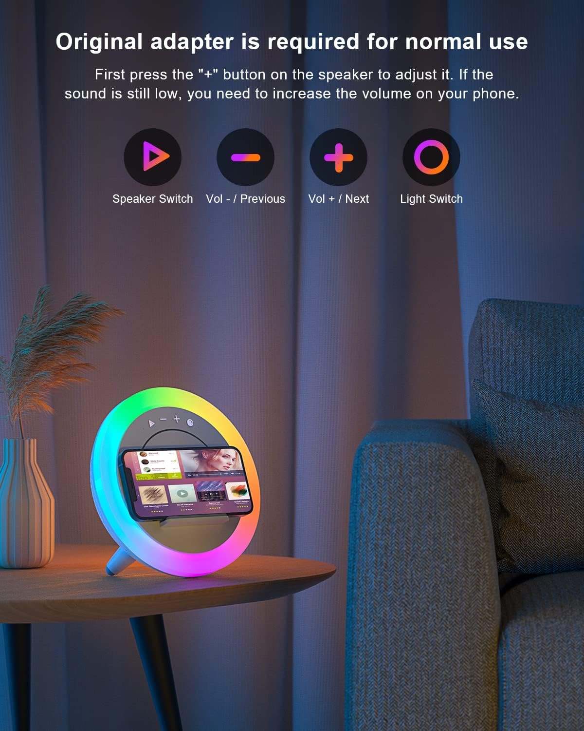 Bluetooth Speaker with Color Changing Lights and Wireless Charging Modern Night Lamp with Phone Holder for Bedroom Desk and Gifts