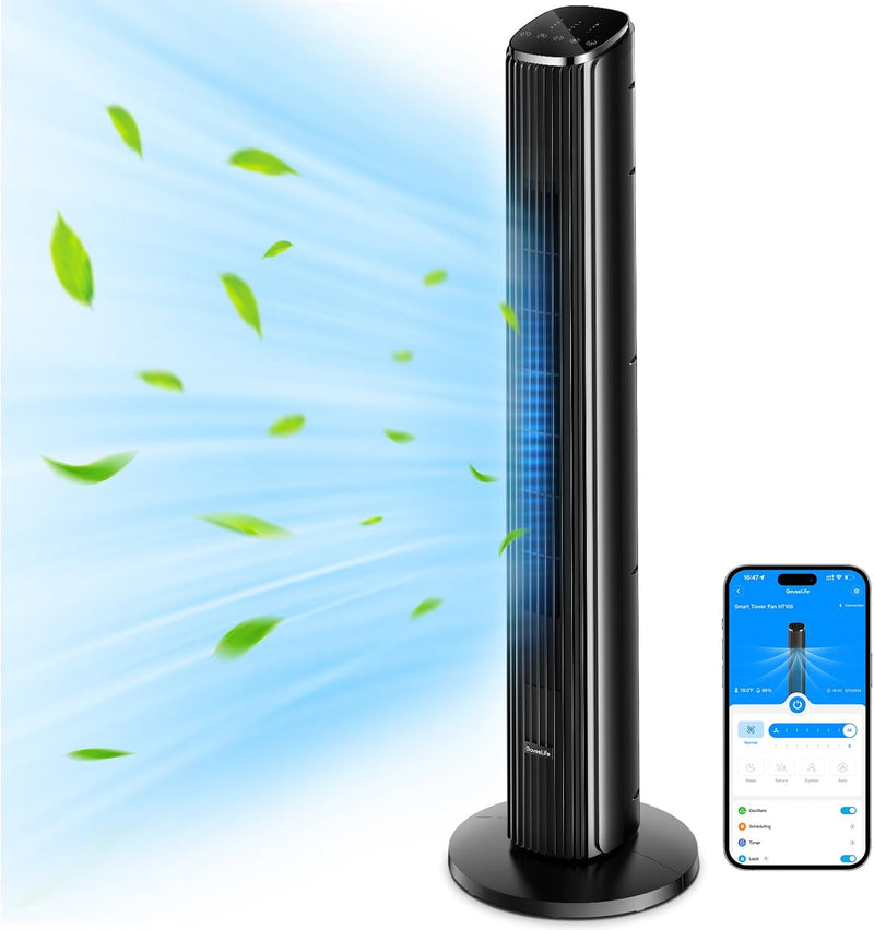 GoveeLife 36'' Smart Tower Fan for Bedroom, 75° Oscillating Floor Fans with Voice Remote, Temperature Auto 5 Modes 8 Speeds up to 25ft/s, 24H Timer, 29dB Quiet Cooling Standing Fan for Home Office