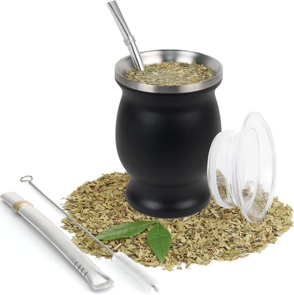 9Oz Yerba Mate Cup, Yerba Mate Gourd Set-Stainless Steel Modern Mate Cup, 2 Bombilla Mate Straws, Cleaning Brush and BPA Free Lid, Double-Walled and Hot&Cold Drink, Mate Gourd for Mate Tea, Coffee