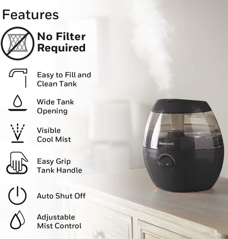 Honeywell HUL520BC MistMate Ultrasonic Cool Mist Humidifier, Black, with Adjustable Mist Control, Auto Shut-off, Ultra Quiet Operation, Visible Cool Mist, 0.5-Gallon