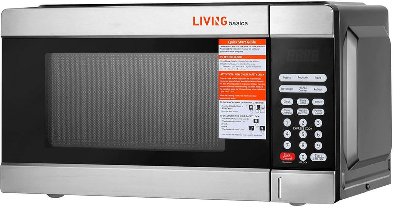 LIVINGbasics Countertop Microwave Oven, 1000W 1.1-Cu. Ft with LED Lighting, Safety Lock, Glass Turntable