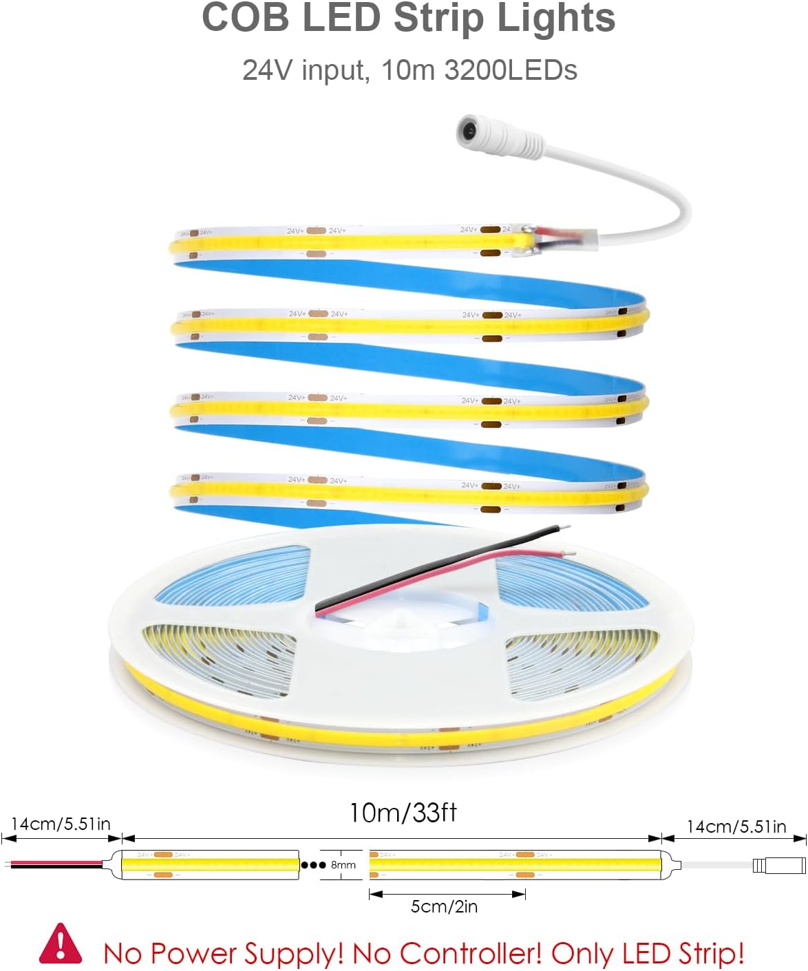 ALITOVE COB Led Strip Light 6000K Daylight White Super Bright 24V 32.8ft/10M 3200LEDs Strip Lights 320leds/M CRI90 Flexible Uniform Glow LED Tape Light for Indoor Home Commercial Lighting Decoration