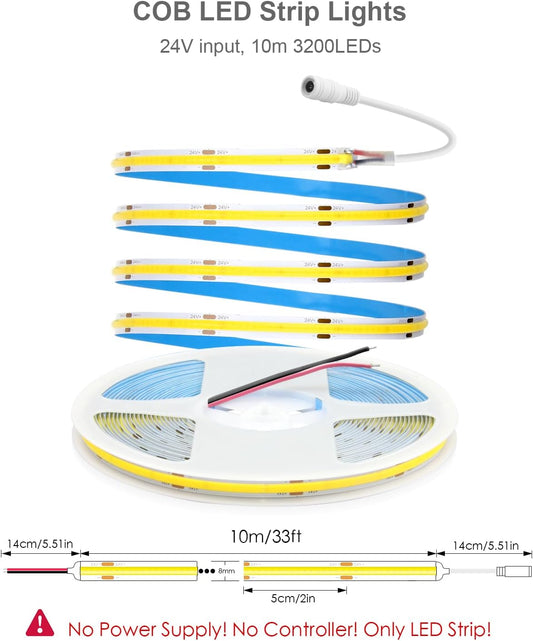 ALITOVE COB Led Strip Light 6000K Daylight White Super Bright 24V 32.8ft/10M 3200LEDs Strip Lights 320leds/M CRI90 Flexible Uniform Glow LED Tape Light for Indoor Home Commercial Lighting Decoration - PuriLite