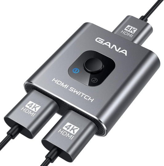HDMI Switch 4K HDMI Splitter - Gana Prime Aluminum Bi-Directional HDMI Switcher 1 in 2 Out (Single Display) or 2 Input 1 Output, Supports 4K 3D HD 1080P for Xbox PS4 Roku HDTV etc. （Grey…