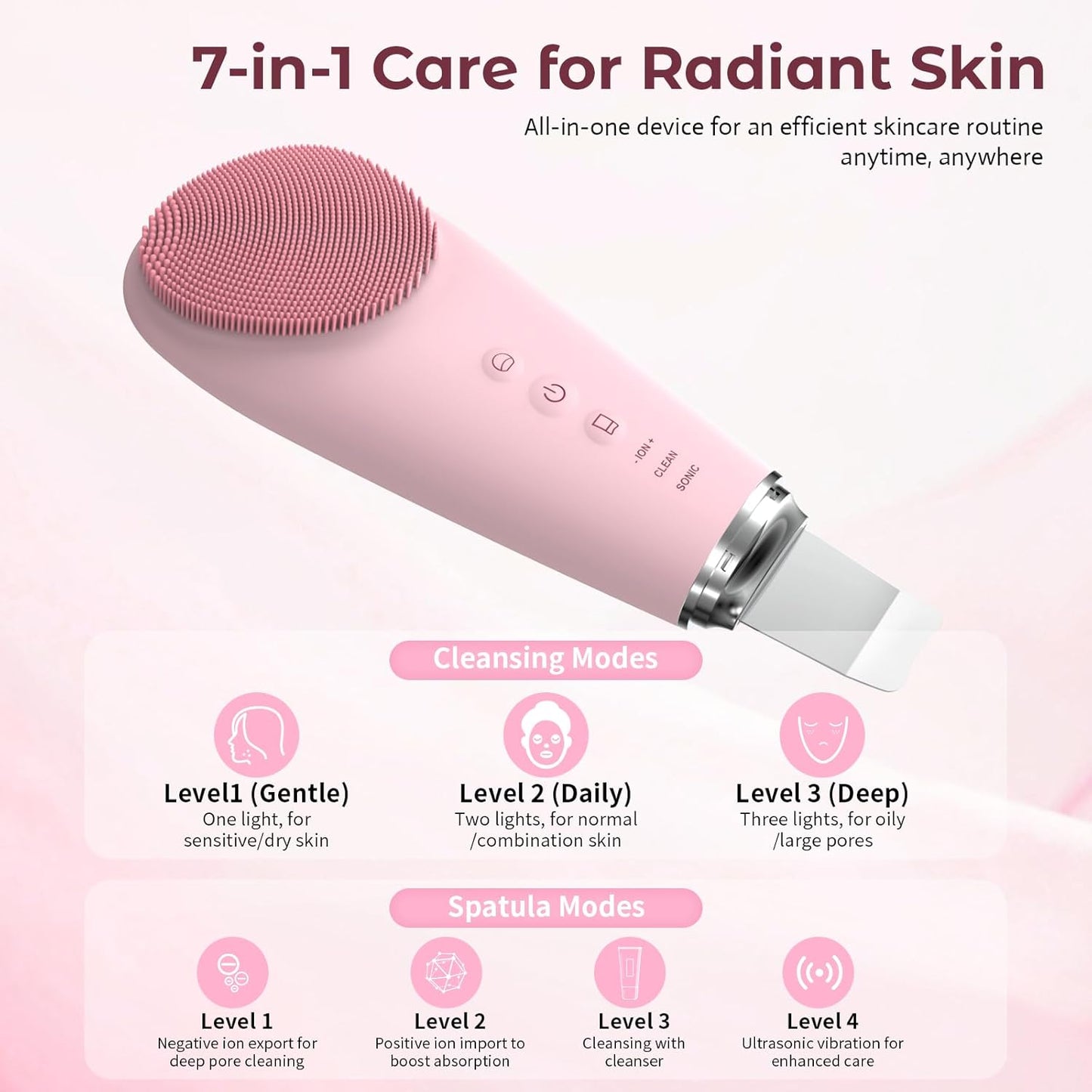 Silicone Facial Cleansing Brush – 2-in-1 Electric Face Scrubber & Skin Spatula – IPX7 Waterproof Rechargeable Deep Cleaning Massager with 7 Modes - PuriLite