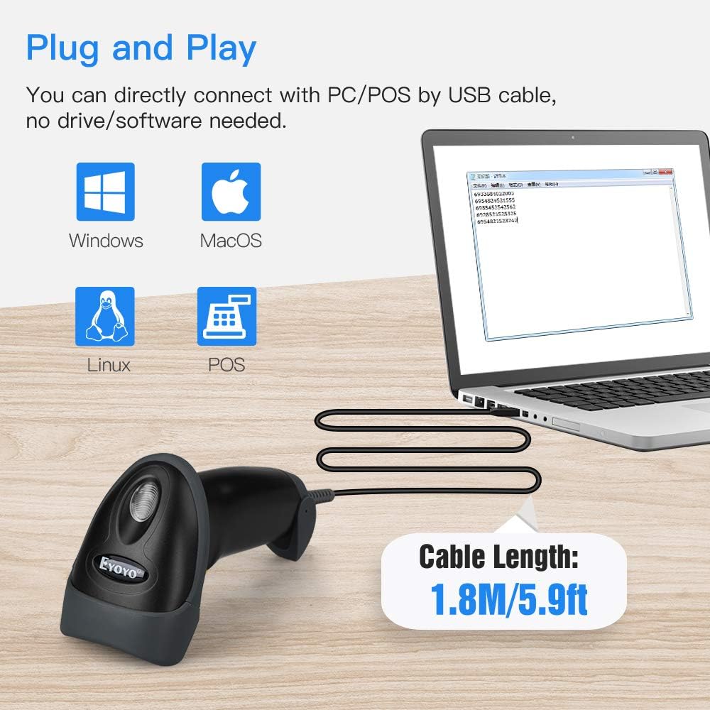 Eyoyo Handheld USB 2D Barcode Scanner, Wired Automatic QR Code Scanner PDF417 Data Matrix Bar Code Reader with Long USB Cable for Mobile Payment, Library Book Convenience Store, Supermarket, Warehouse