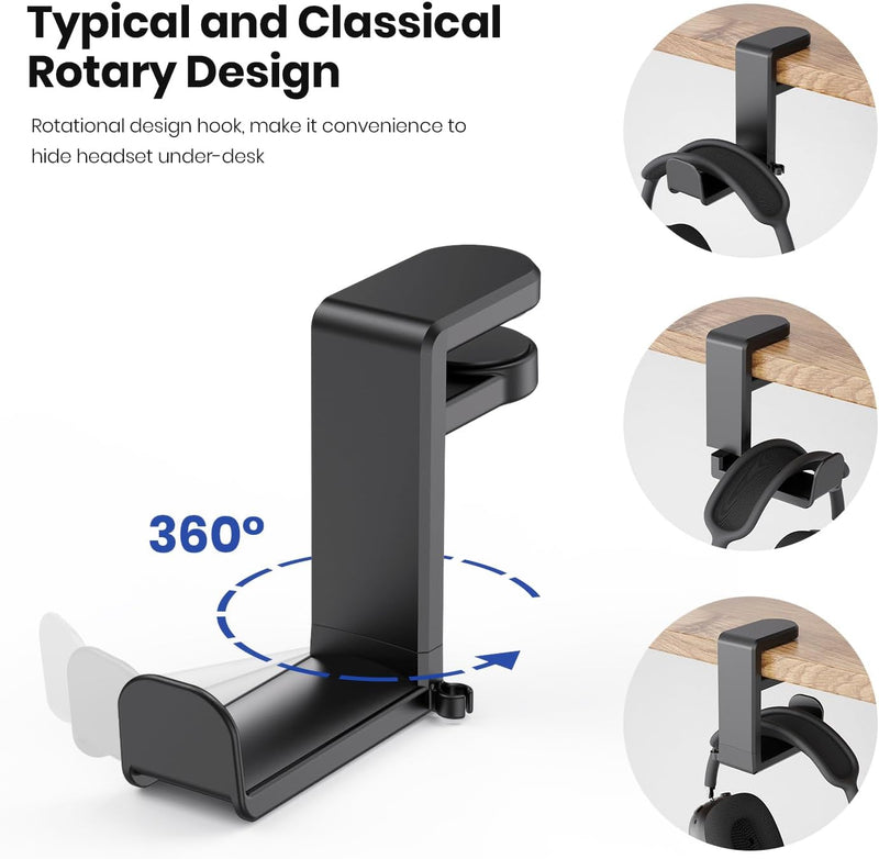 PC Gaming Headset Headphone Hook Holder Hanger Mount, Headphones Stand with Adjustable & Rotating Arm Clamp, Under Desk Design, Universal Fit, Built in Cable Clip Organizer EURPMASK