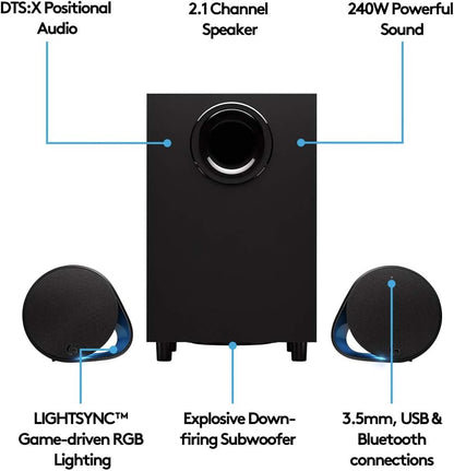 Logitech G560 PC Gaming Speaker System with 7.1 DTS:X Ultra Surround Sound, Game based LIGHTSYNC RGB, Two Speakers and Subwoofer, Bluetooth, USB, Immersive Gaming Experience - Black