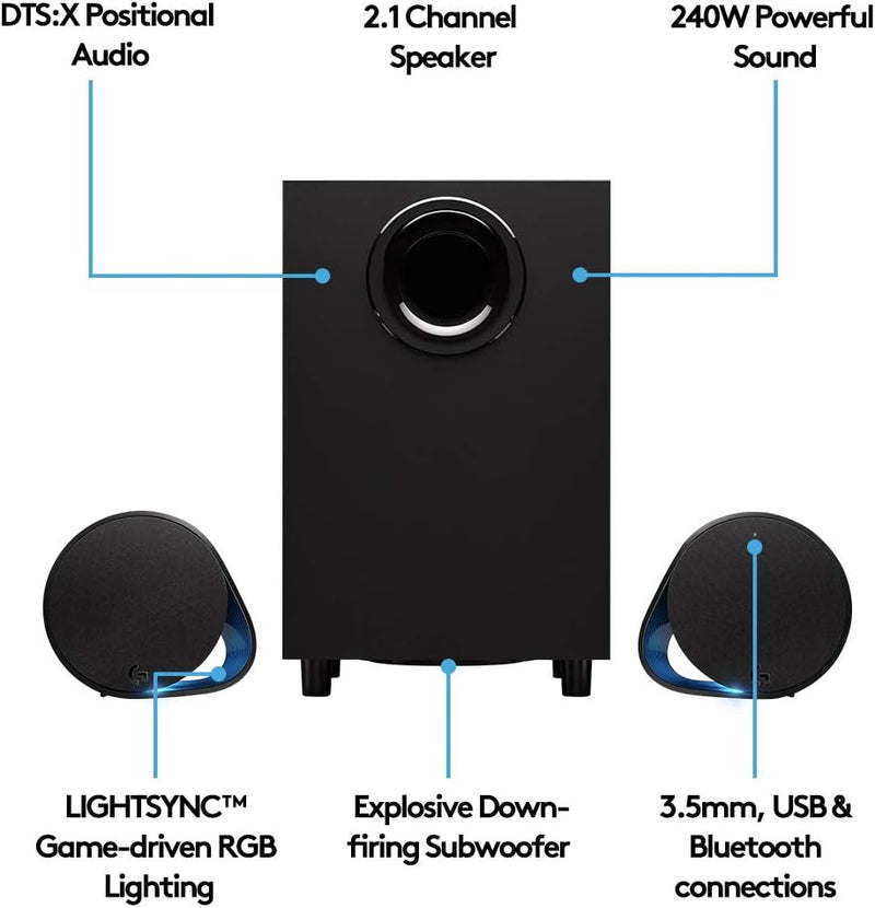 Logitech G560 PC Gaming Speaker System with 7.1 DTS:X Ultra Surround Sound, Game based LIGHTSYNC RGB, Two Speakers and Subwoofer, Bluetooth, USB, Immersive Gaming Experience - Black
