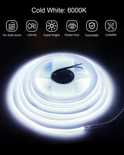 ALITOVE COB Led Strip Light 6000K Daylight White Super Bright 24V 32.8ft/10M 3200LEDs Strip Lights 320leds/M CRI90 Flexible Uniform Glow LED Tape Light for Indoor Home Commercial Lighting Decoration