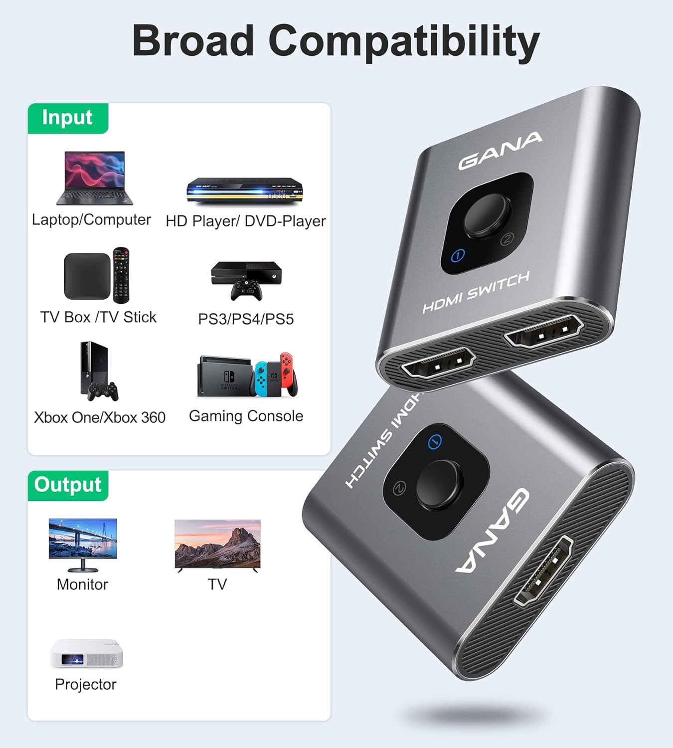 HDMI Switch 4K HDMI Splitter - Gana Prime Aluminum Bi-Directional HDMI Switcher 1 in 2 Out (Single Display) or 2 Input 1 Output, Supports 4K 3D HD 1080P for Xbox PS4 Roku HDTV etc. （Grey…