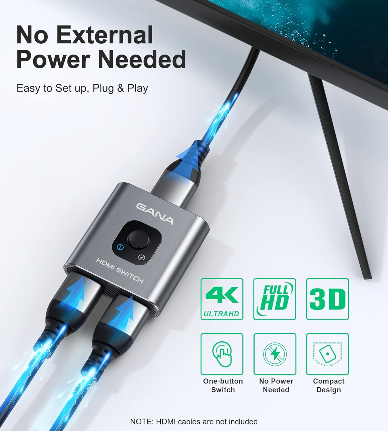 HDMI Switch 4K HDMI Splitter - Gana Prime Aluminum Bi-Directional HDMI Switcher 1 in 2 Out (Single Display) or 2 Input 1 Output, Supports 4K 3D HD 1080P for Xbox PS4 Roku HDTV etc. （Grey…