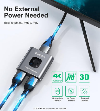 HDMI Switch 4K HDMI Splitter - Gana Prime Aluminum Bi-Directional HDMI Switcher 1 in 2 Out (Single Display) or 2 Input 1 Output, Supports 4K 3D HD 1080P for Xbox PS4 Roku HDTV etc. （Grey…
