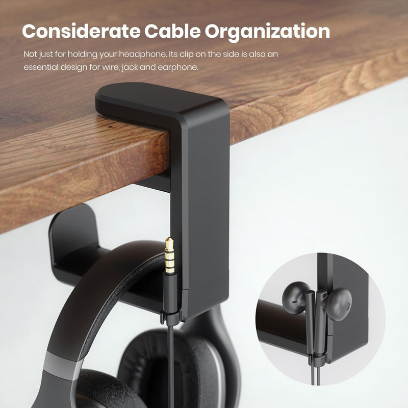 PC Gaming Headset Headphone Hook Holder Hanger Mount, Headphones Stand with Adjustable & Rotating Arm Clamp, Under Desk Design, Universal Fit, Built in Cable Clip Organizer EURPMASK