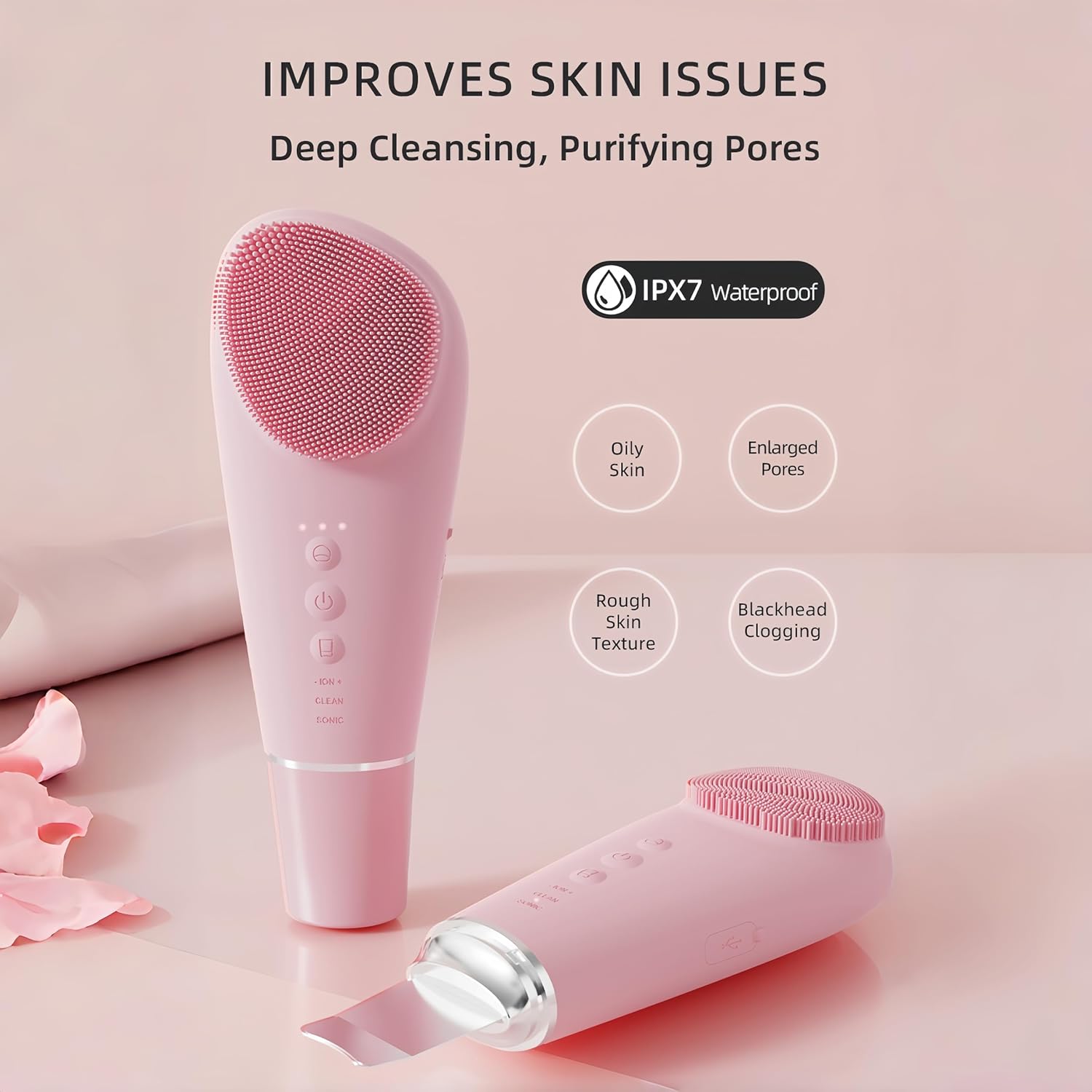 Silicone Facial Cleansing Brush – 2-in-1 Electric Face Scrubber & Skin Spatula – IPX7 Waterproof Rechargeable Deep Cleaning Massager with 7 Modes - PuriLite