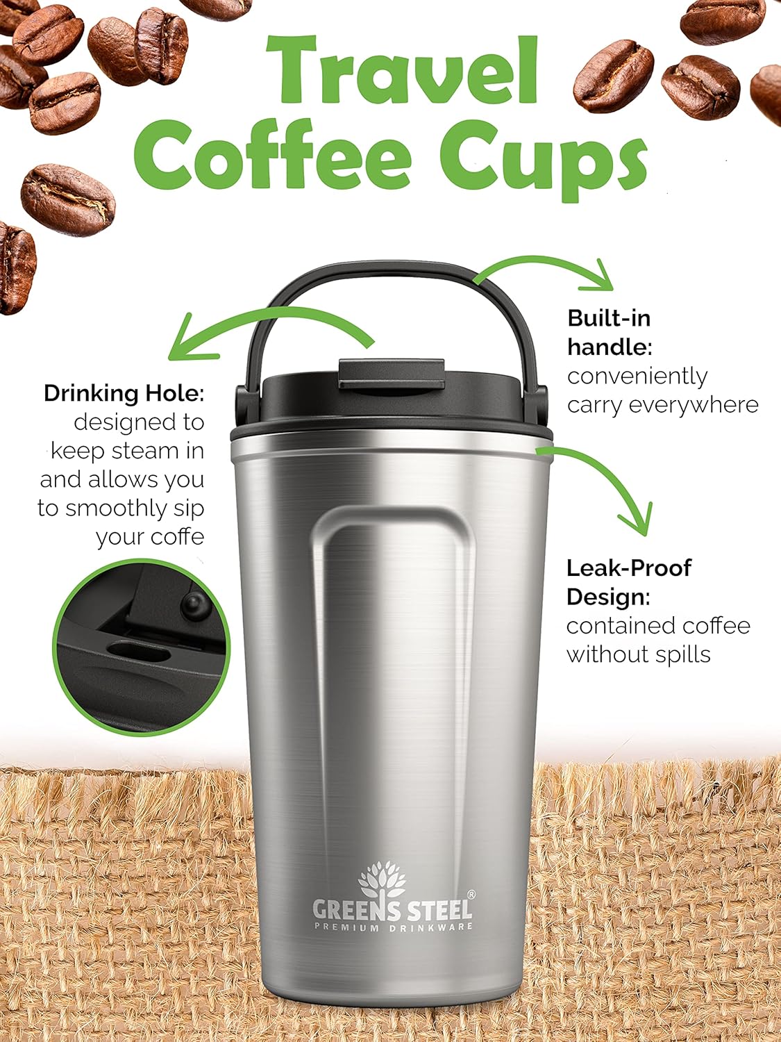 Reusable Coffee Cup with Lid and Handle - Stainless Steel Insulated Coffee Mug for Hot & Cold Drinks - Ideal Travel Mugs - 100% Leak-Proof Tumbler (12 oz, Steel)