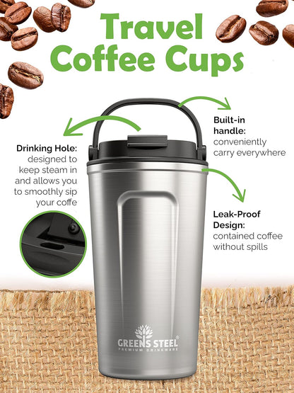 Reusable Coffee Cup with Lid and Handle - Stainless Steel Insulated Coffee Mug for Hot & Cold Drinks - Ideal Travel Mugs - 100% Leak-Proof Tumbler (12 oz, Steel)