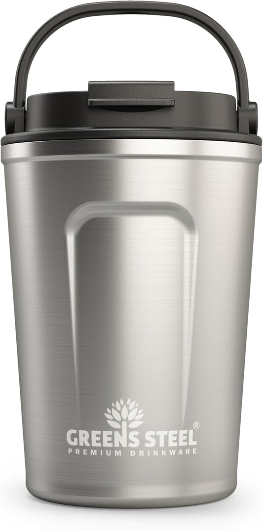 Reusable Coffee Cup with Lid and Handle - Stainless Steel Insulated Coffee Mug for Hot & Cold Drinks - Ideal Travel Mugs - 100% Leak-Proof Tumbler (12 oz, Steel)