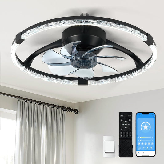 Hordxin Flush Mount Ceiling Fans with Lights and Remote, 19.7'' Ultra Low Profile Ceiling Fan, 3000K-6500K Dimming Modern LED Fan Light, 6 Wind Speeds, Black Fandelier Kitchen Fans Ceiling with Lights