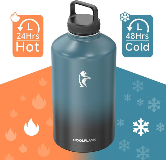128 oz Water Bottle Insulated with Straw&3 Lids, Coolflask Gallon Water Jug Large Stainless Steel Metal Vacuum Wide Mouth for Sports, Gym or Office, BPA-Free Keep Cold 48H Hot 24H, Samurai Cyan - PuriLite