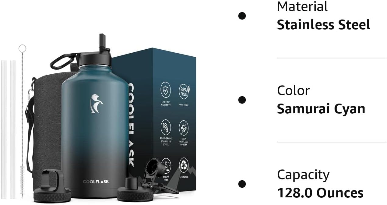 128 oz Water Bottle Insulated with Straw&3 Lids, Coolflask Gallon Water Jug Large Stainless Steel Metal Vacuum Wide Mouth for Sports, Gym or Office, BPA-Free Keep Cold 48H Hot 24H, Samurai Cyan