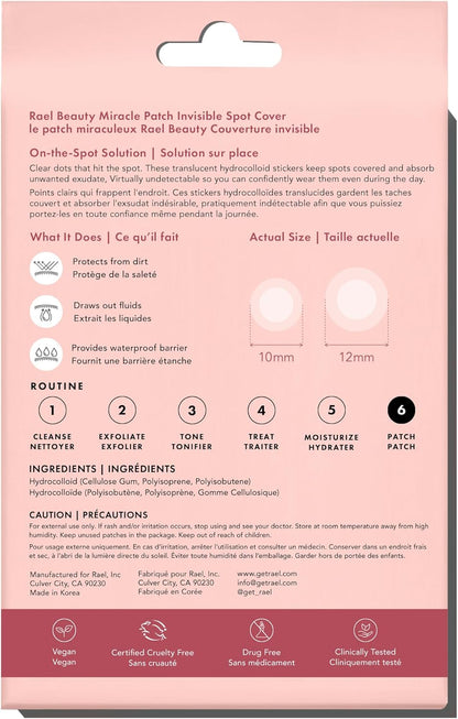 Rael Miracle Invisible Spot Cover - Absorbing Cover, Hyrocolloid Patch, Korean Skin Care, Facial Stickers, 2 Sizes (96 Count)
