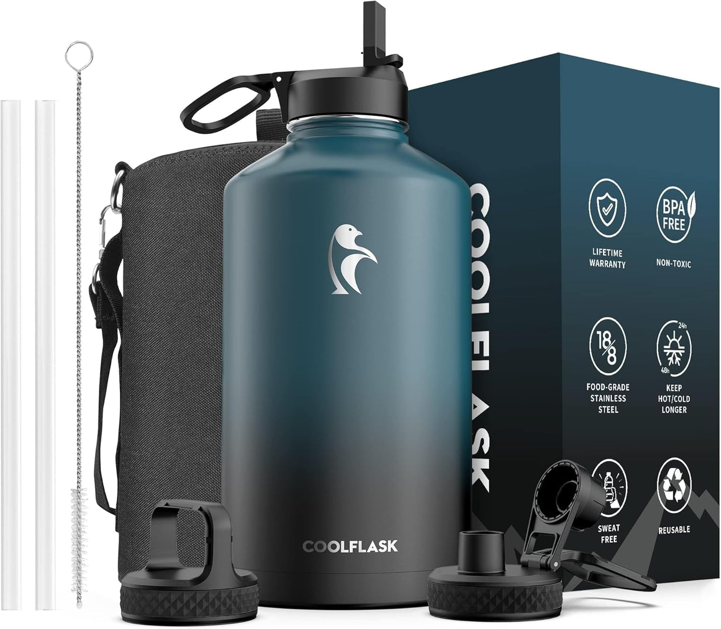 128 oz Water Bottle Insulated with Straw&3 Lids, Coolflask Gallon Water Jug Large Stainless Steel Metal Vacuum Wide Mouth for Sports, Gym or Office, BPA-Free Keep Cold 48H Hot 24H, Samurai Cyan