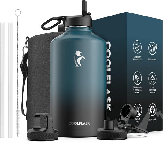 128 oz Water Bottle Insulated with Straw&3 Lids, Coolflask Gallon Water Jug Large Stainless Steel Metal Vacuum Wide Mouth for Sports, Gym or Office, BPA-Free Keep Cold 48H Hot 24H, Samurai Cyan