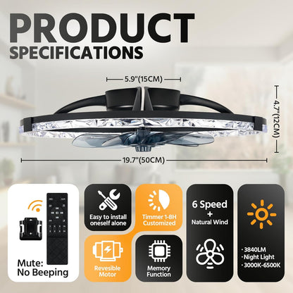 Hordxin Flush Mount Ceiling Fans with Lights and Remote, 19.7'' Ultra Low Profile Ceiling Fan, 3000K-6500K Dimming Modern LED Fan Light, 6 Wind Speeds, Black Fandelier Kitchen Fans Ceiling with Lights