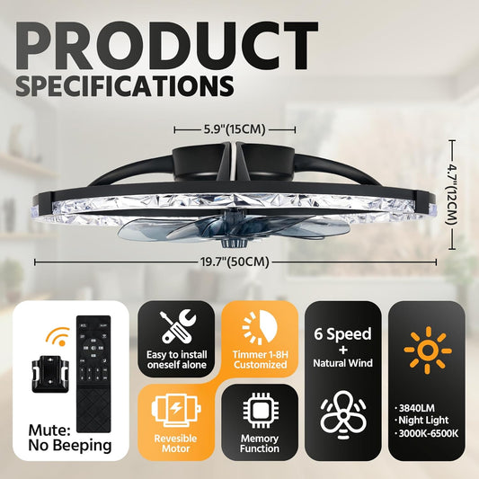 Hordxin Flush Mount Ceiling Fans with Lights and Remote, 19.7'' Ultra Low Profile Ceiling Fan, 3000K-6500K Dimming Modern LED Fan Light, 6 Wind Speeds, Black Fandelier Kitchen Fans Ceiling with Lights - PuriLite