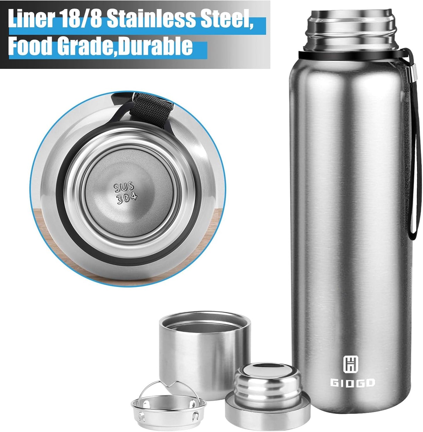 Insulated Vacuum Thermo Bottle 25oz with Cup lid Leakproof Stainless Water Flask for Coffee hot and Cold Drink.(Silver,750ml)