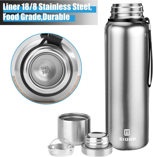 Insulated Vacuum Thermo Bottle 25oz with Cup lid Leakproof Stainless Water Flask for Coffee hot and Cold Drink.(Silver,750ml) - PuriLite