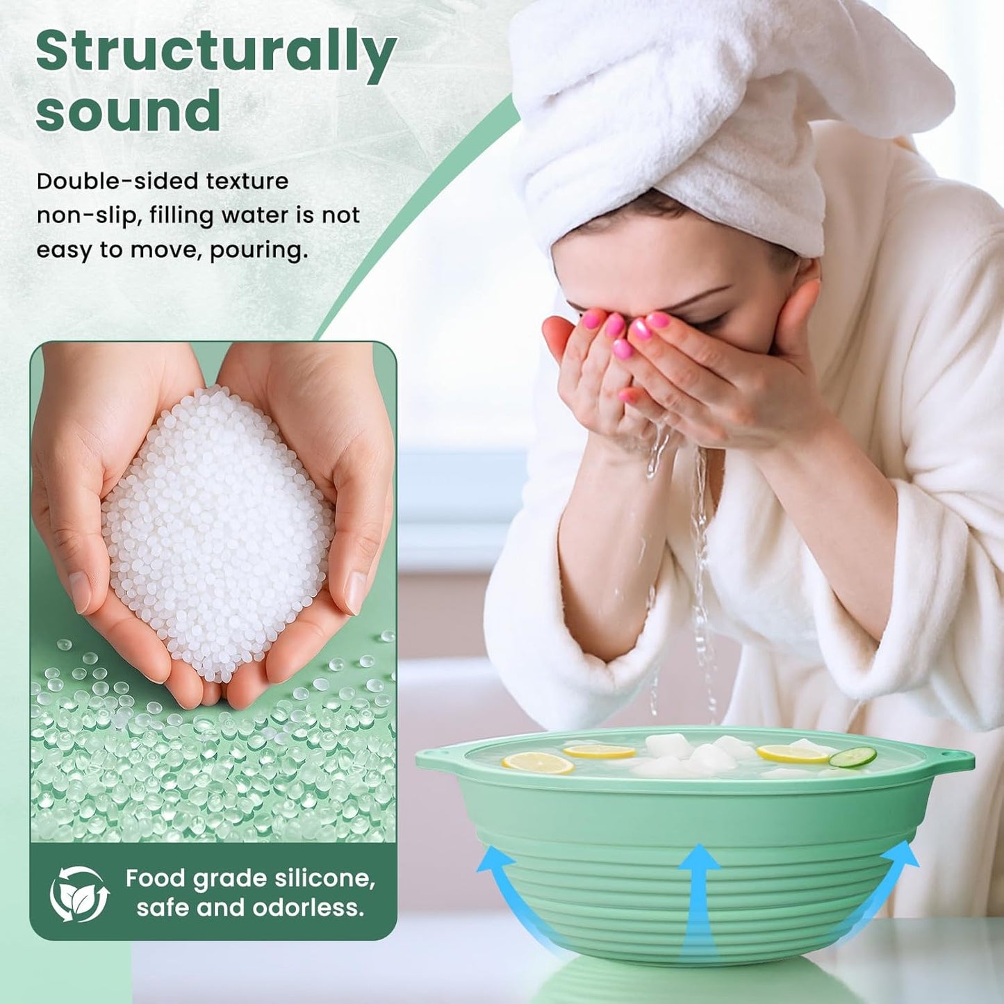 Noverlife Face Ice Bath Bowl, 9 Inch Ice Face Bowl Silicone Face Bowl for Icebath Folding Ice Facial Bowl, Portable Facial Ice Plunge Bowls Faces Cold Bath Washbasin Kit Facial Icebath at Home - Green