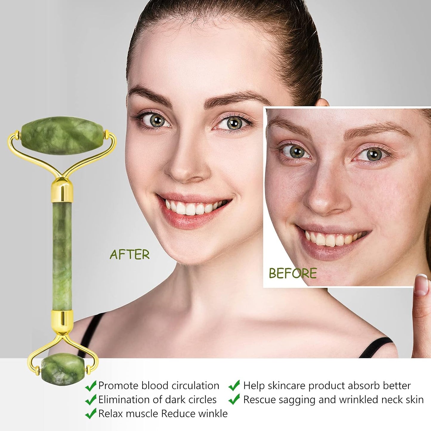 Jade Roller and Gua Sha Kit, NEESTARTLY Anti-aging Natural Facial Jade Stone Roller Set - Face Massager, Facial Roller for Face Skin, Eyes, Neck, Leg