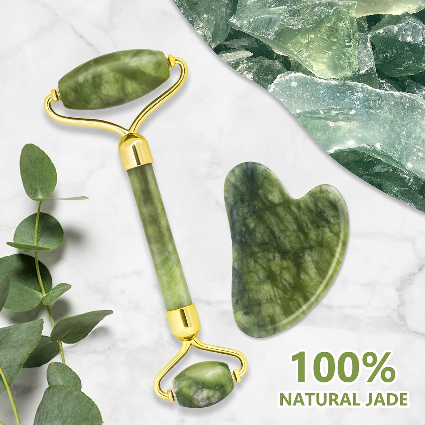 Jade Roller and Gua Sha Kit, NEESTARTLY Anti-aging Natural Facial Jade Stone Roller Set - Face Massager, Facial Roller for Face Skin, Eyes, Neck, Leg