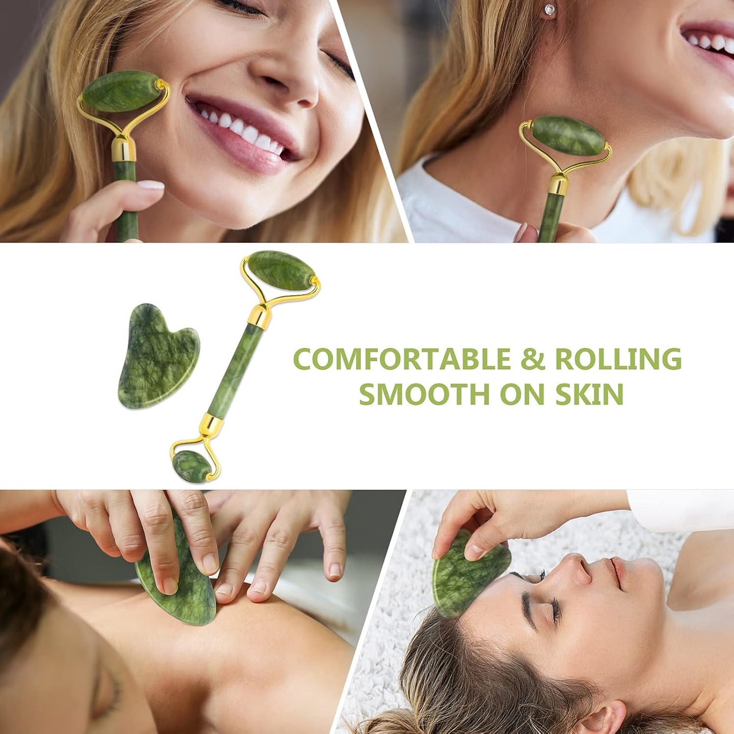 Jade Roller and Gua Sha Kit, NEESTARTLY Anti-aging Natural Facial Jade Stone Roller Set - Face Massager, Facial Roller for Face Skin, Eyes, Neck, Leg