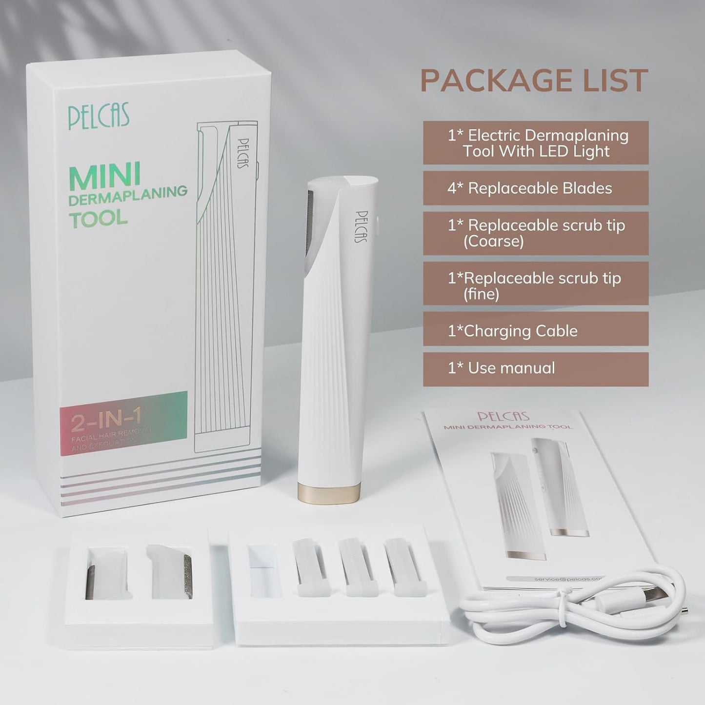 PELCAS Electric Dermaplaning Tool Kit With LED Light, Mini Face Dermaplaning Razor, Painless 3 Speeds Facial Peach Fuzz, Exfoliation, Dead Skin & Hair Removal System for Women with 6 Replace Blades