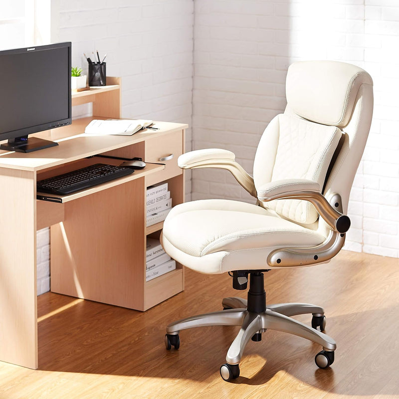 Amazon Basics Ergonomic Desk Office Chair, Flip-up Armrests, Adjustable Height, Cream Leather