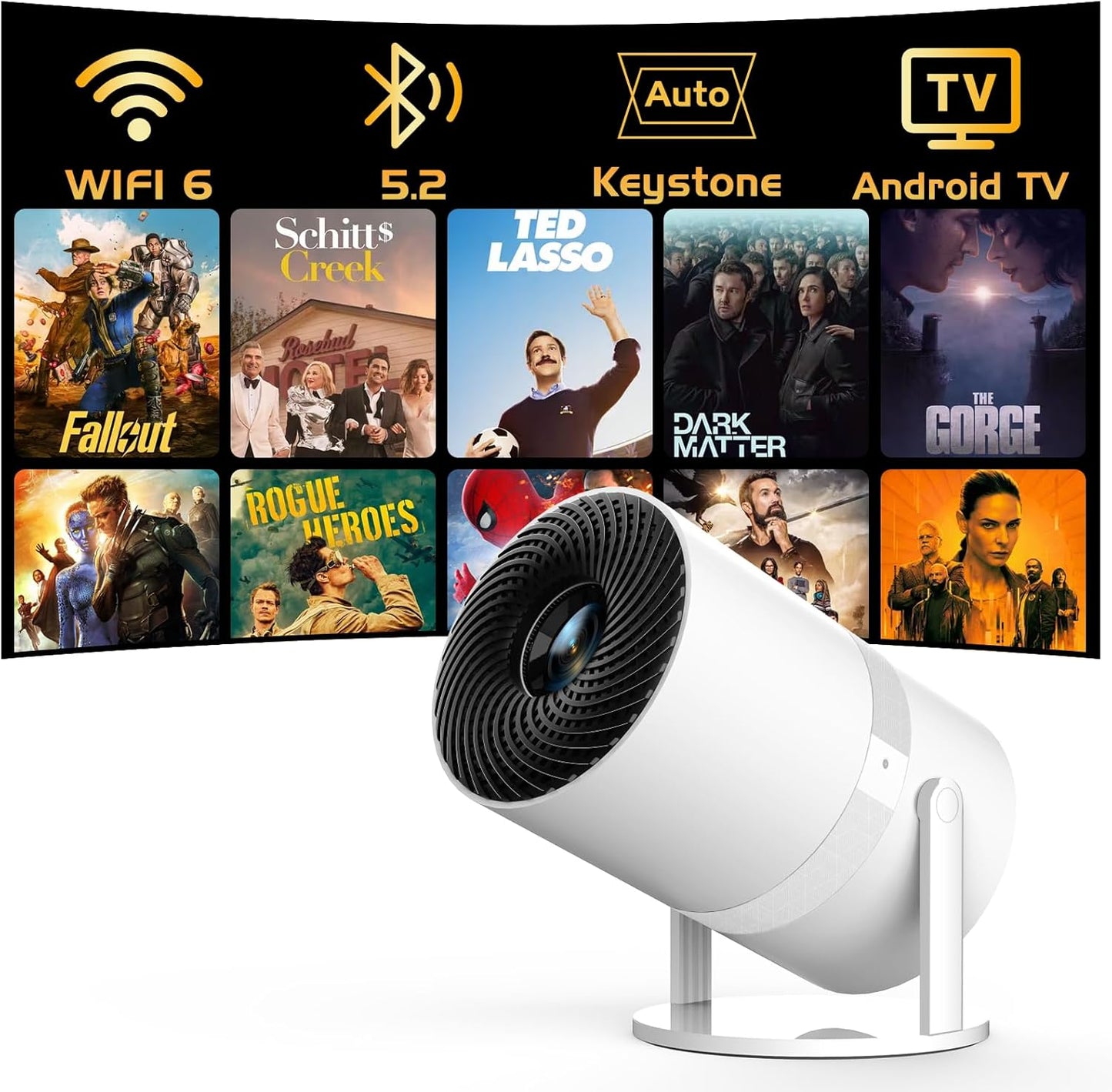 【Built-in Apps】 1080P Mini Projector with WiFi 6 and Bluetooth, Portable Outdoor Projector with 【Auto Keystone】, 270°Rotation Movie Projector Compatible with HDMI, USB, Smartphone