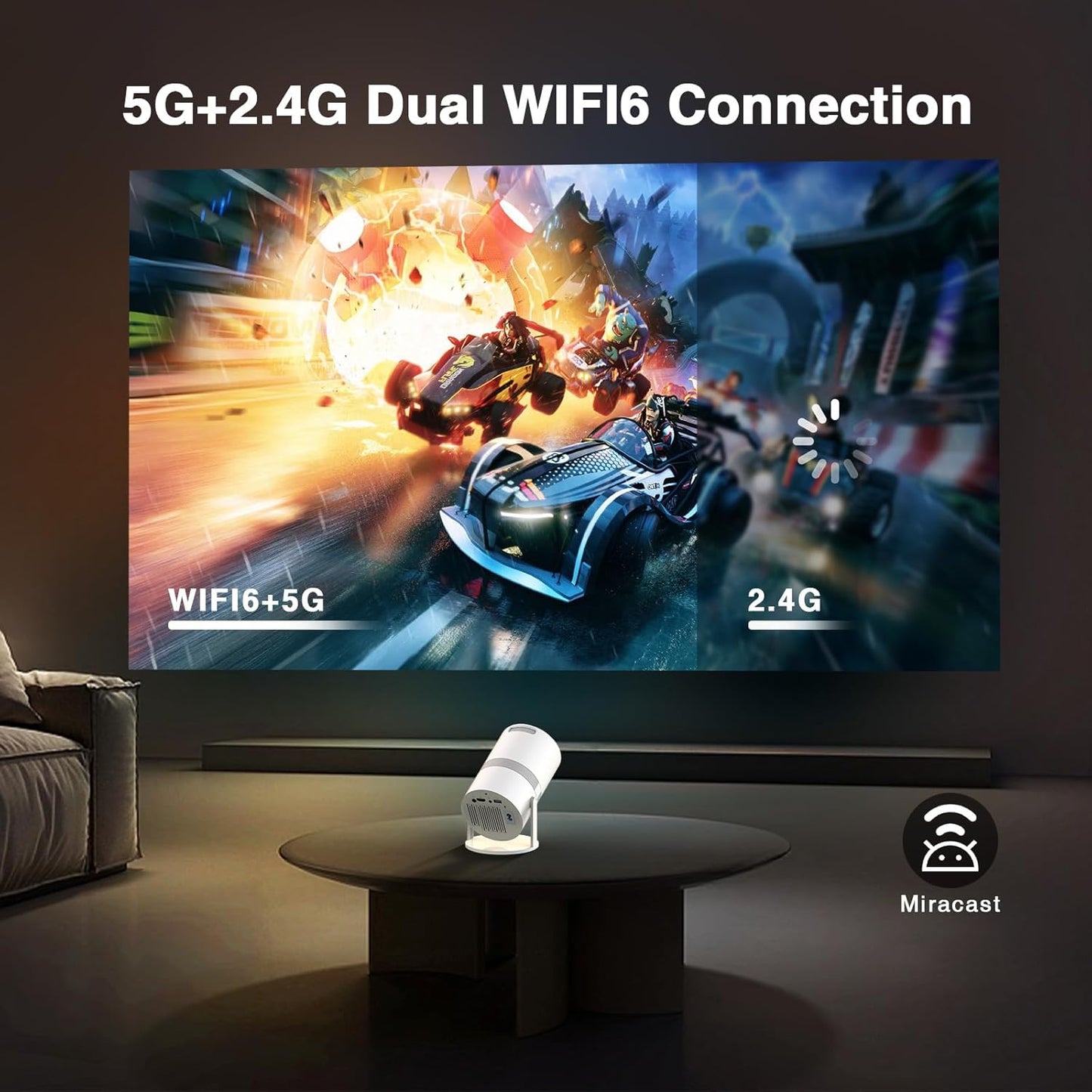 【Built-in Apps】 1080P Mini Projector with WiFi 6 and Bluetooth, Portable Outdoor Projector with 【Auto Keystone】, 270°Rotation Movie Projector Compatible with HDMI, USB, Smartphone