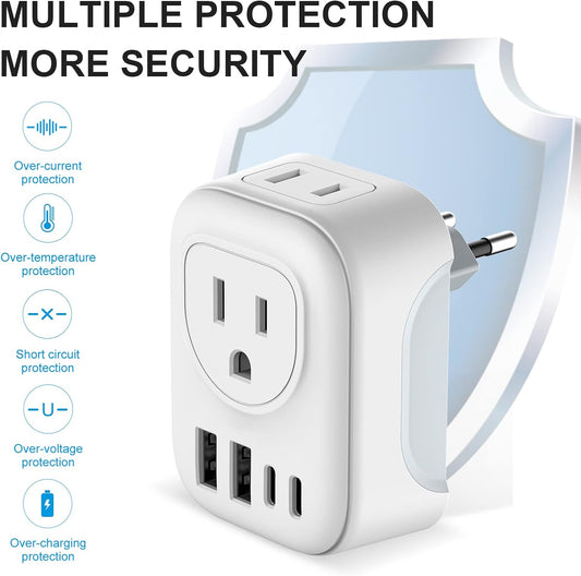 VYLEE Travel Plug Adapter, International Plug Adapter with 4 AC Outlets 2 USB Ports (2 USB C Port), Type C Power Adaptor Charger for The US to Most of Europe Iceland Spain Italy France Germany - PuriLite