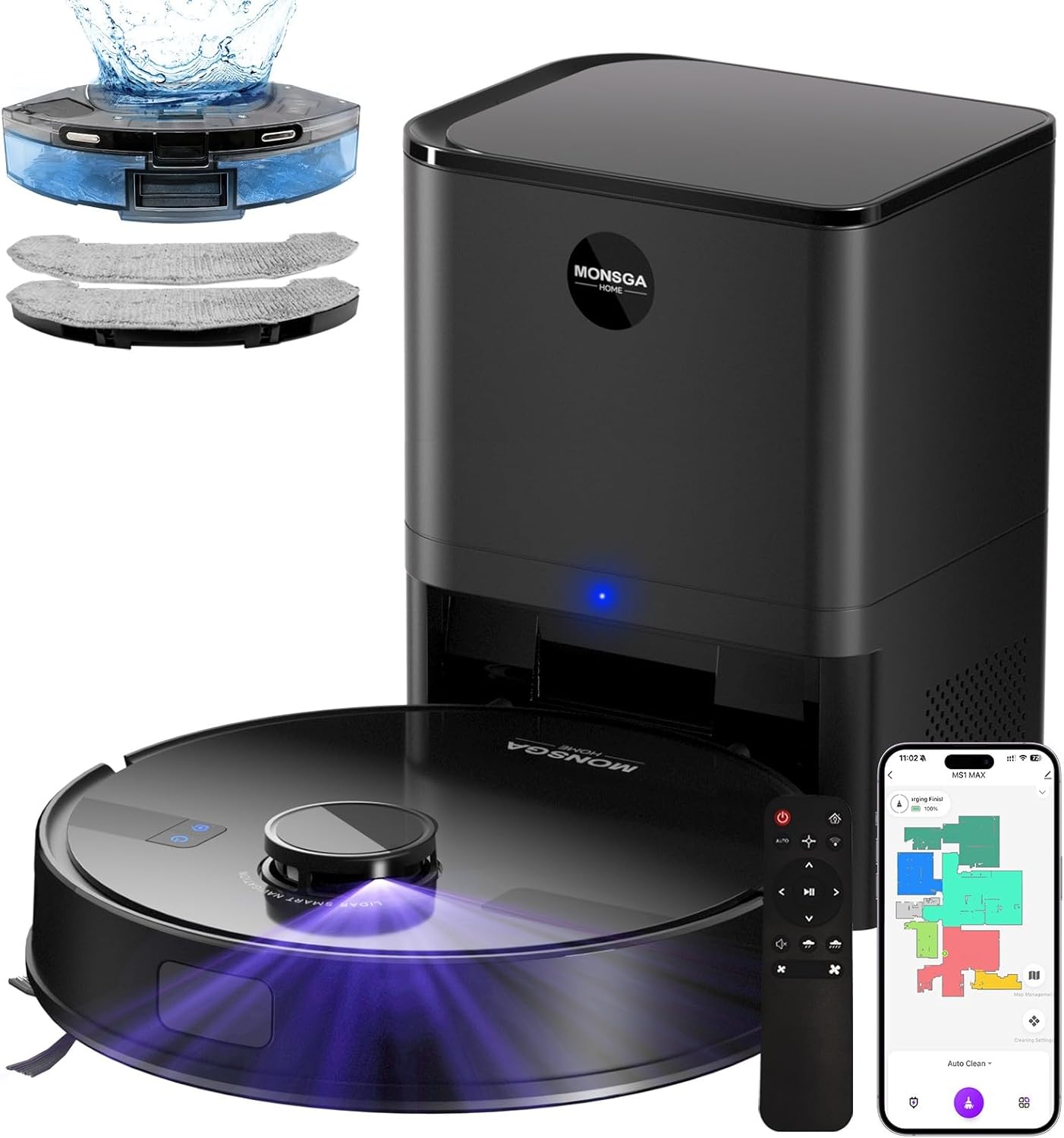 MONSGA Robot Vacuums and Mop 5000Pa, Self-Emptying, 3.5L 60-Day Capacity, Lidar Navigation,Home Mapping, Schedule, Wi-Fi/App/Alexa/Remote, 180mins Runtime, Robot Vacuums for Pet,Hard Floor,Carpet