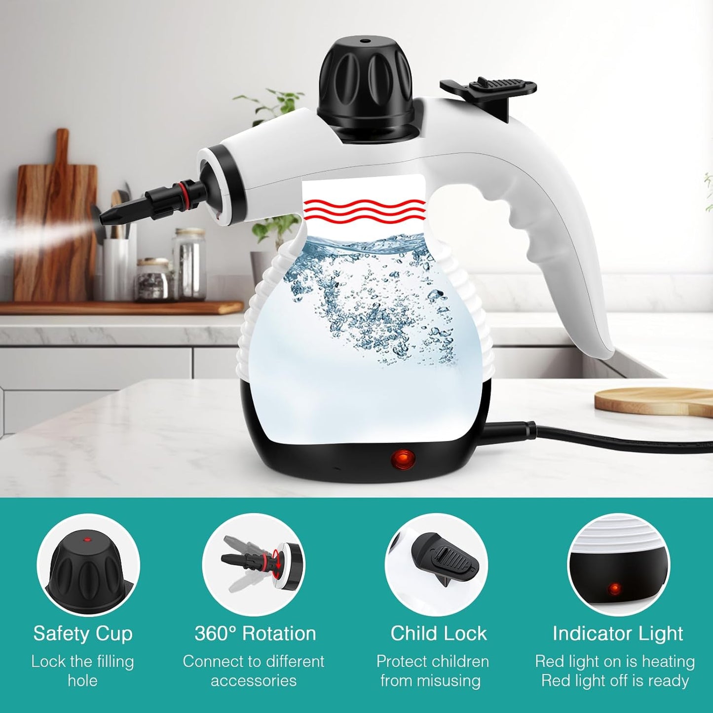 GLOIL Handheld Steam Cleaner, Steamer for Cleaning, Multipurpose Portable Steam Cleaners for Home Use with Safety Lock and 10 Accessory Kit to Remove Grime, Grease, and More