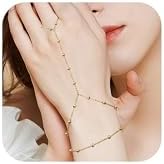 Hand Chain Ring Bracelet For Women, 14k Gold Plated Dainty Cubic Zirconia Minimalist Finger Ring Bracelet, Trendy Stuff Jewelry Gifts To Wife Girfriend Daughter Sister BBF, 17.5cm/7.5cm