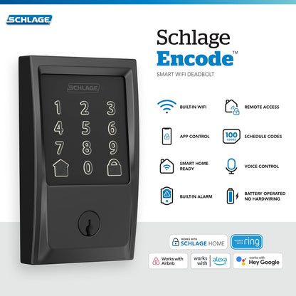 SCHLAGE Encode Smart WiFi Deadbolt with Century Trim in Matte Black (BE489WB CEN 622)