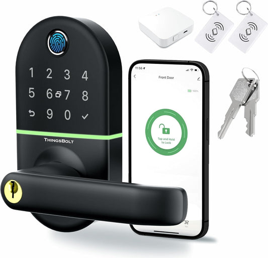 WiFi Smart Door Lock with Handle, THINGSBOLT Fingerprint Keyless Entry, Bluetooth & App Control, Alexa Compatible, Keypad & Key Access, Gateway Included (Black)